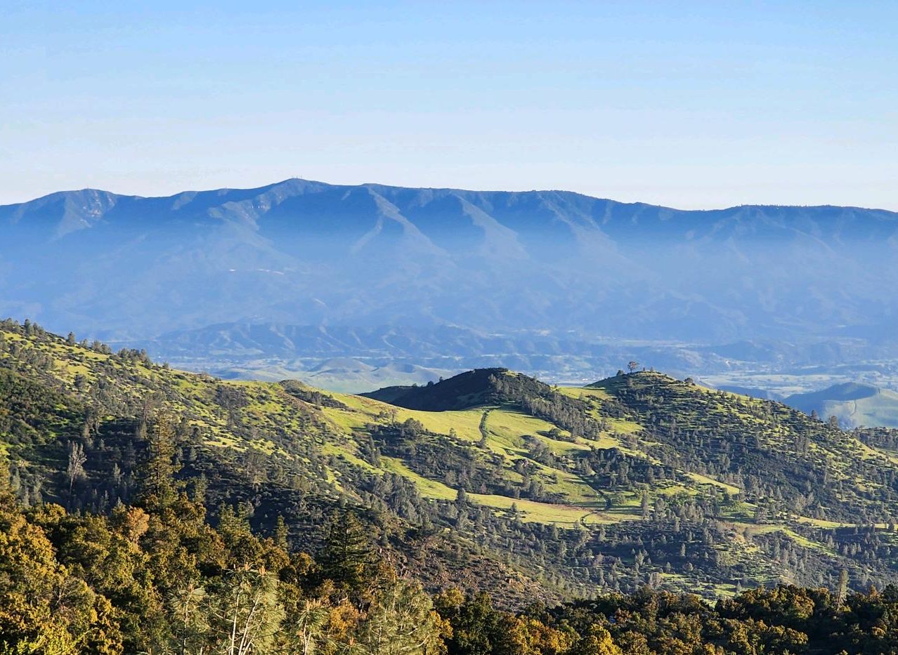 A picture looking across the Santa Ynez Valley to the Santa Ynez Mountain Range from Figueroa Mountain Road.
